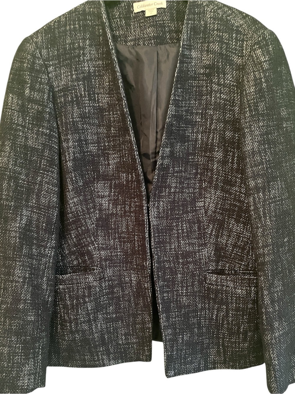 Coldwater Creek open-front navy and white tweed textured jacket w/ single closur